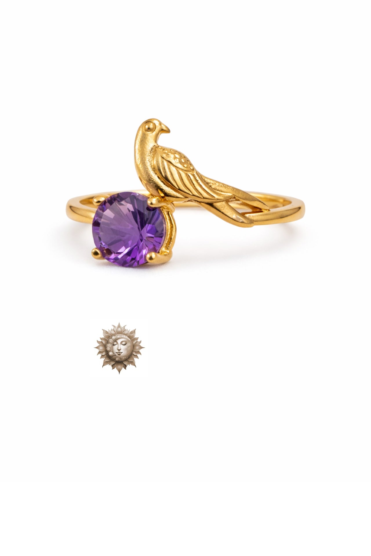 Amethyst Bird Ring 18 Carat Gold Plated 925 Sterling Silver Adjustable