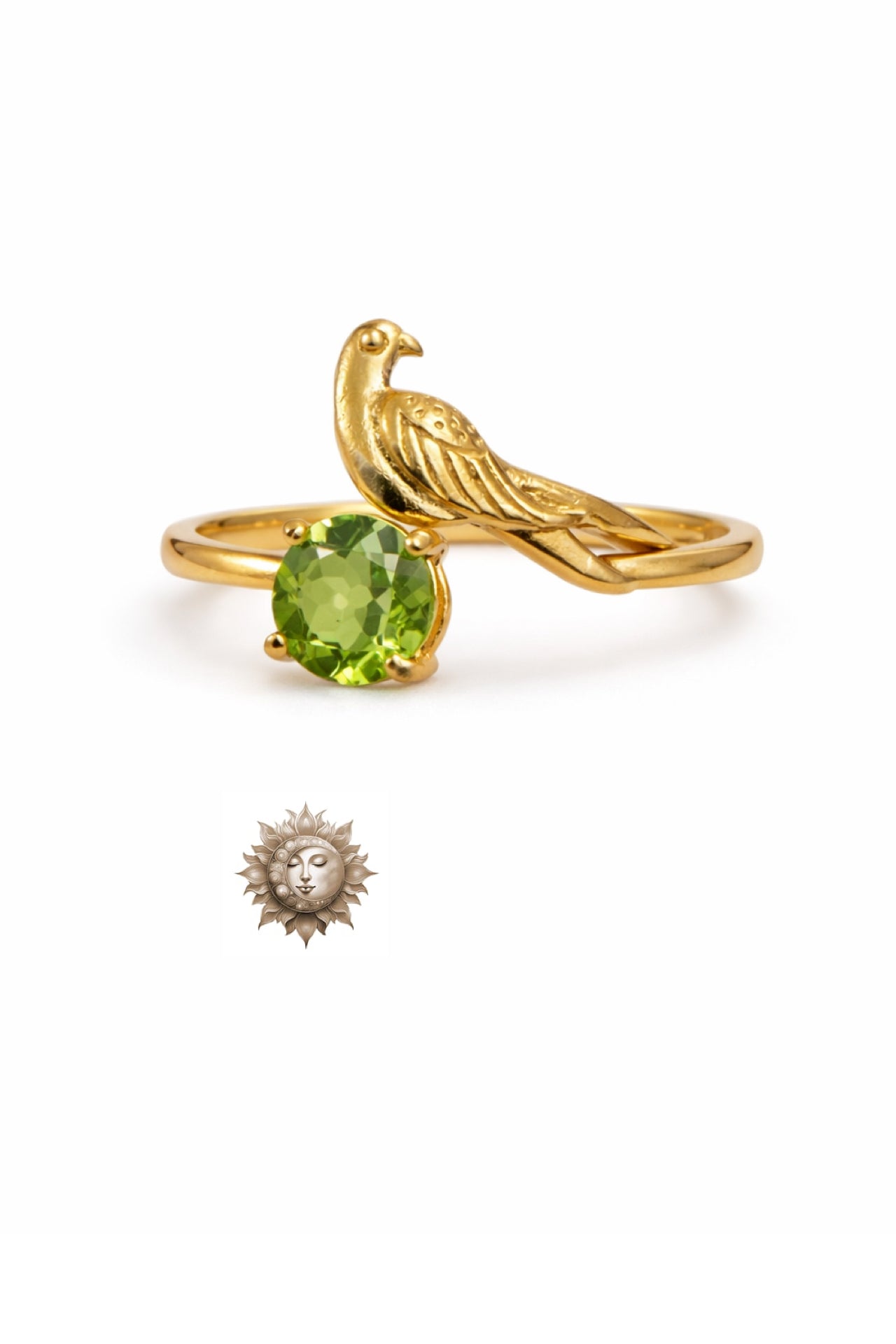Peridot Bird Ring 18 Carat Gold Plated 925 Sterling Silver Adjustable