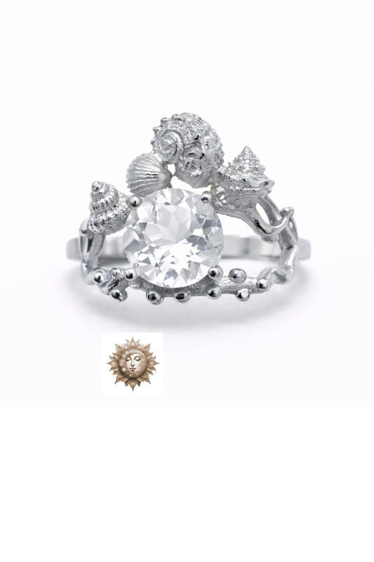 Delightful Clear Quartz Sea Themed 925 Sterling Silver Adjustable Ring