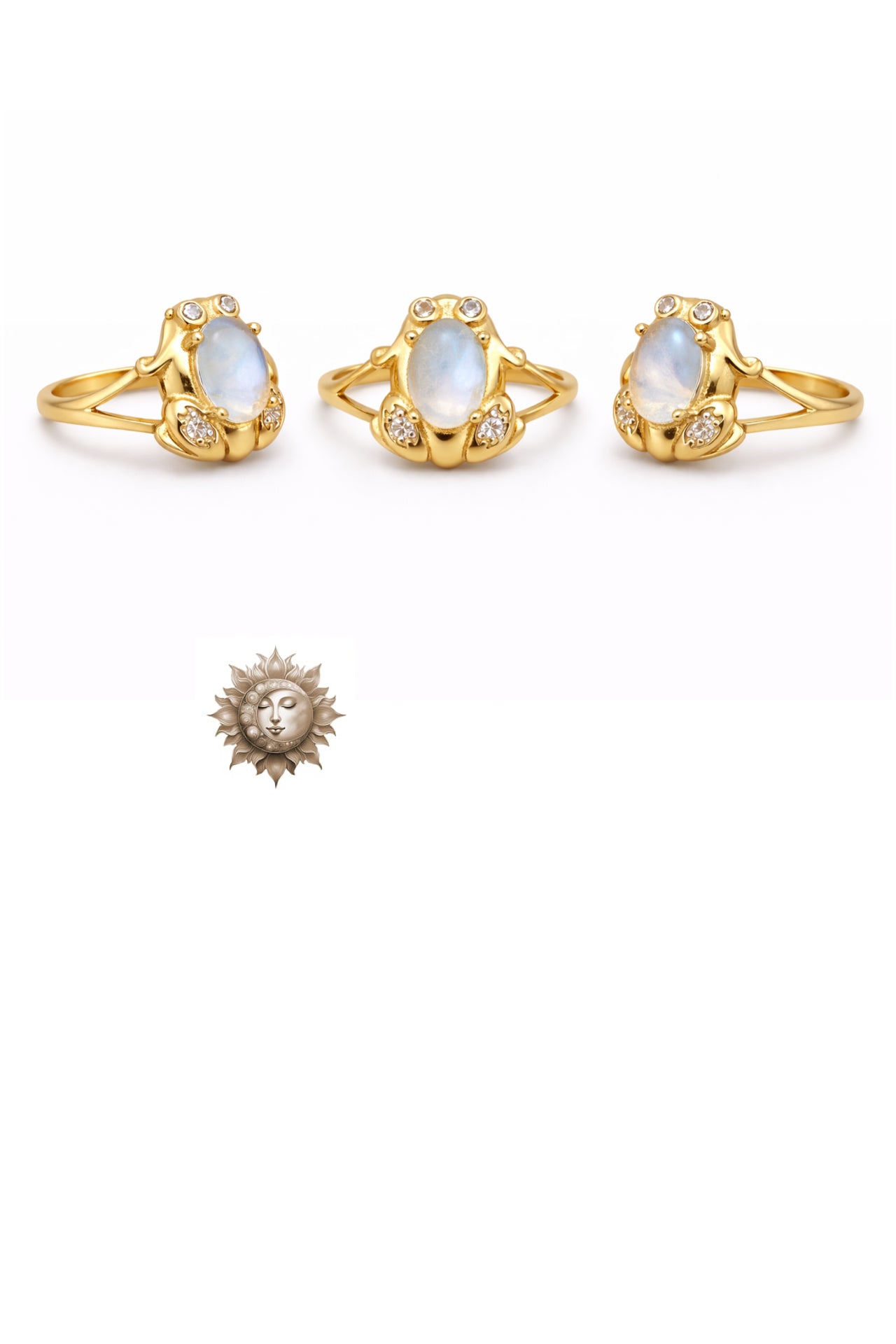 Moonstone and Moissanite Frog Ring 18 Carat Gold Plated Sterling Silver