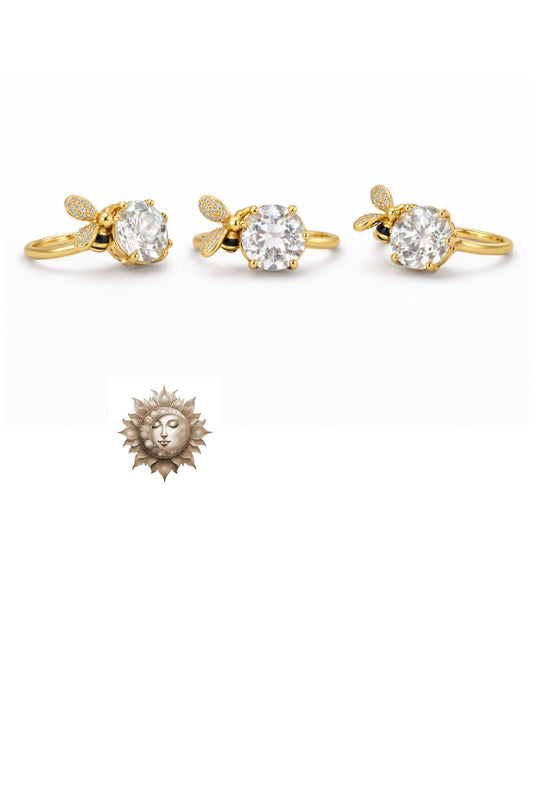 Clear Quartz Bee Ring 18 Carat Gold Plated 925 Sterling Silver
