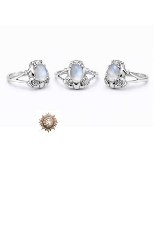 Moonstone and Moissanite Frog Ring Adjustable 925 Sterling Silver
