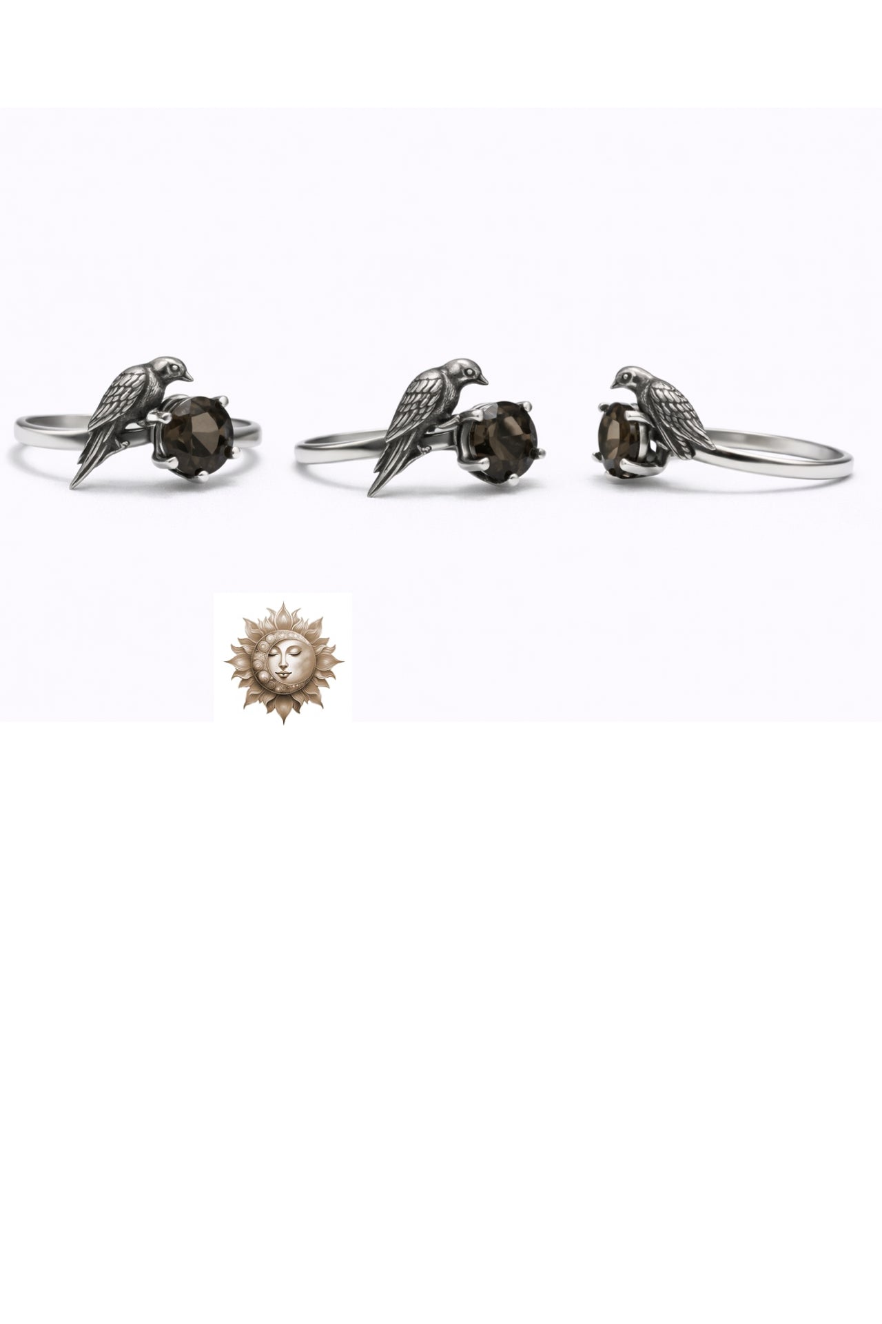 Smokey Quartz Adjustable Bird Ring 925 Sterling Silver