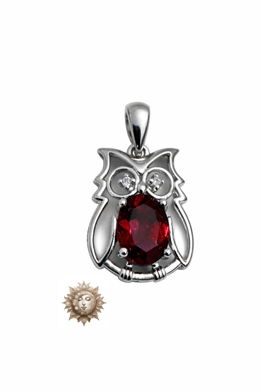Garnet Owl Pendant 925 Sterling Silver