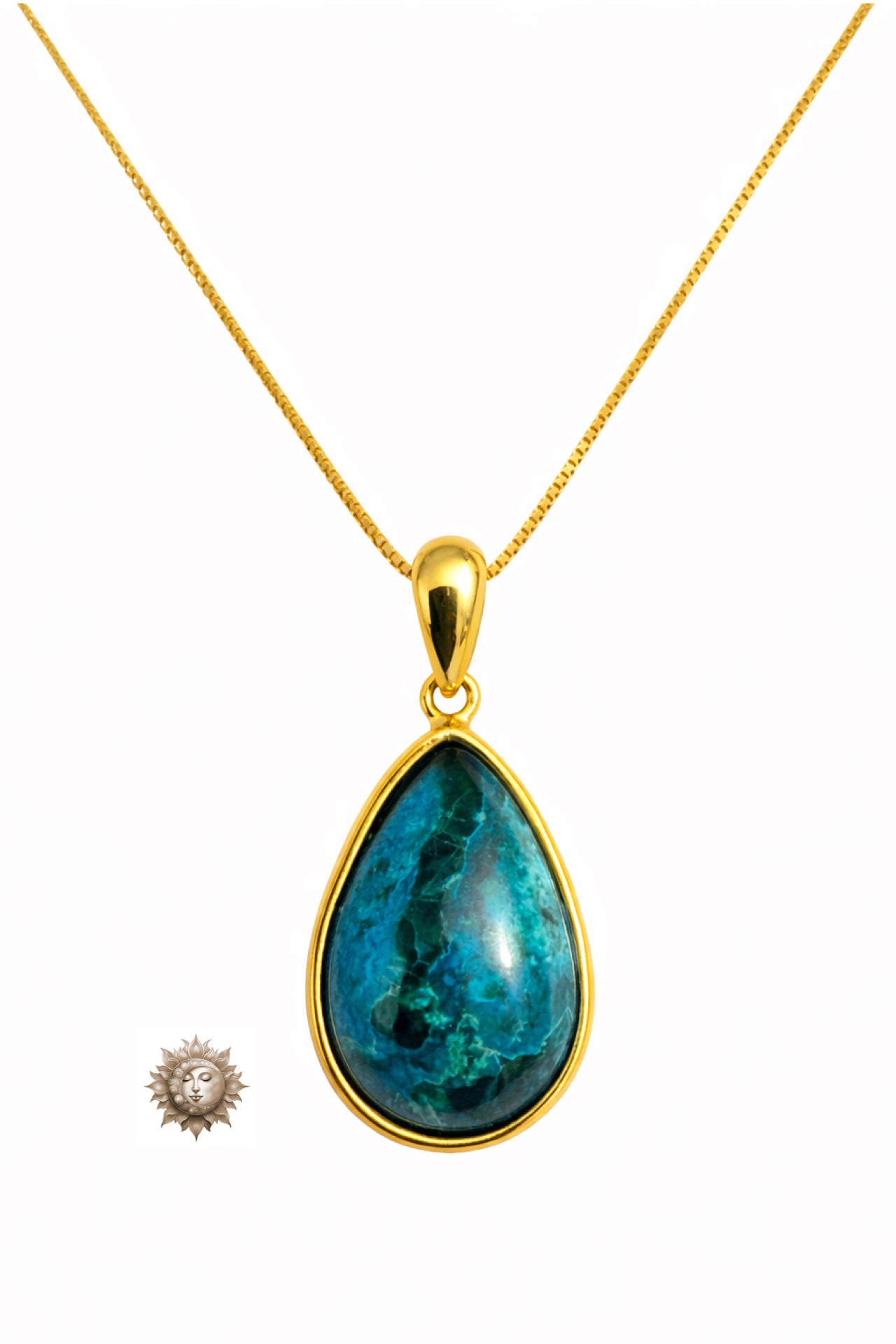 Chrysocolla Tear Drop Pendant and Chain 18 Carat Gold Plated 925 Sterling Silver