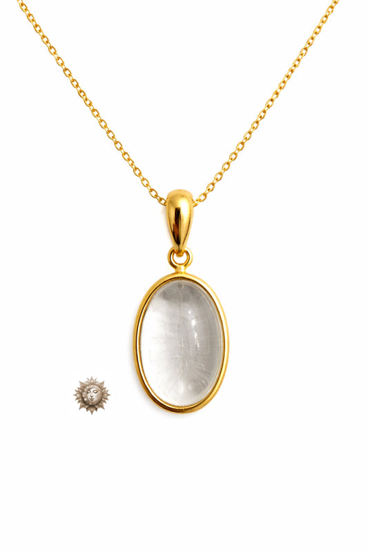 Clear Quartz Oval Shape Pendant and Chain 18 Carat Gold Plated 925 Sterling Silver